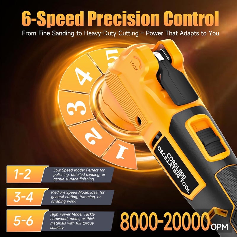 Fledukten Cordless Oscillating Tool Compatible with DeWalt 20V Battery, 21000 OPM Brushless Motor, Smart Auto Mode, 6-Speed Multi Tool with 23 Accessories for Cutting & Sanding (Bare Tool) - Image 5